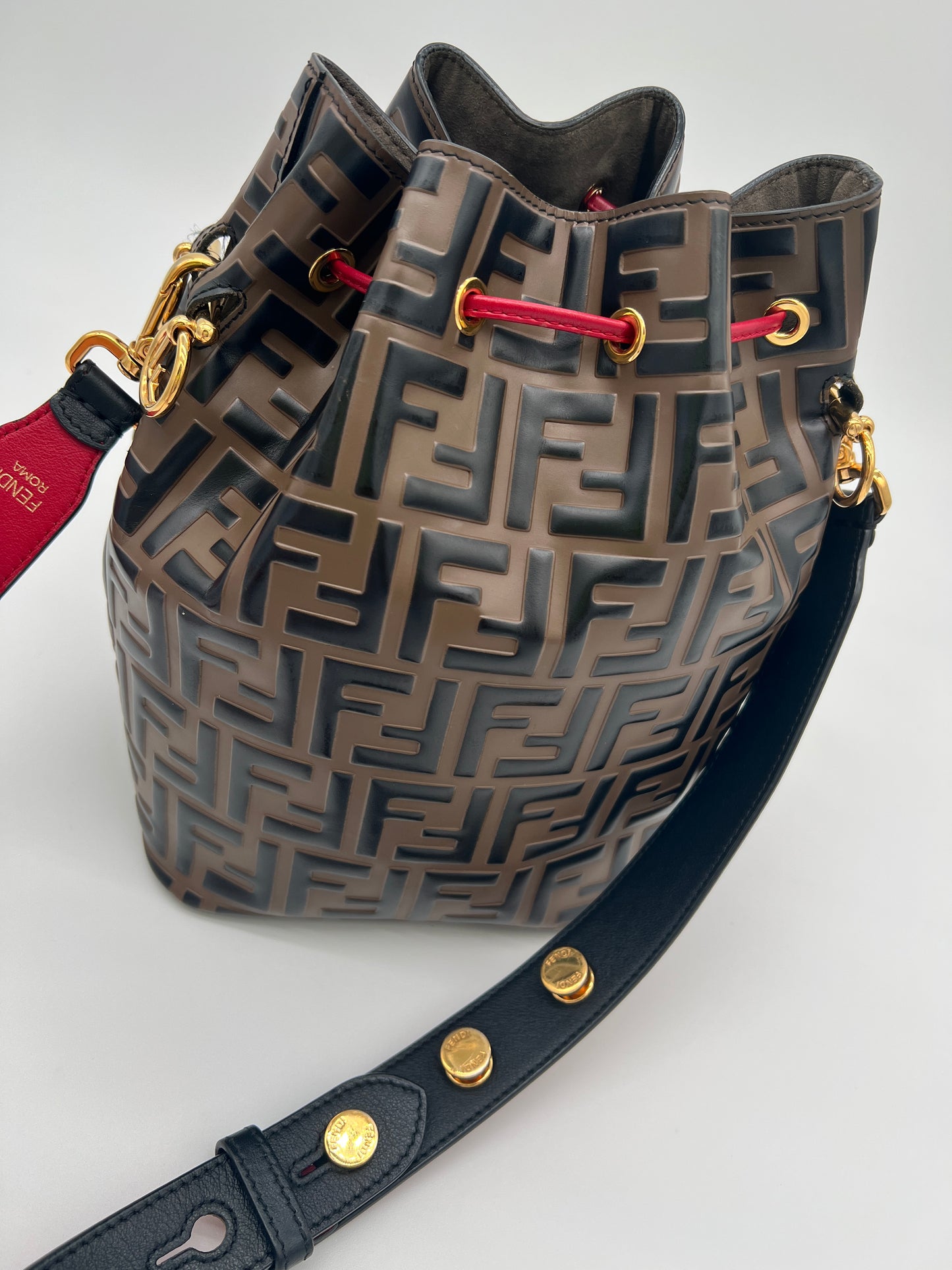 Authentic FENDi Mon Tresor Mini Embossed FF Leather Bucket Bag in