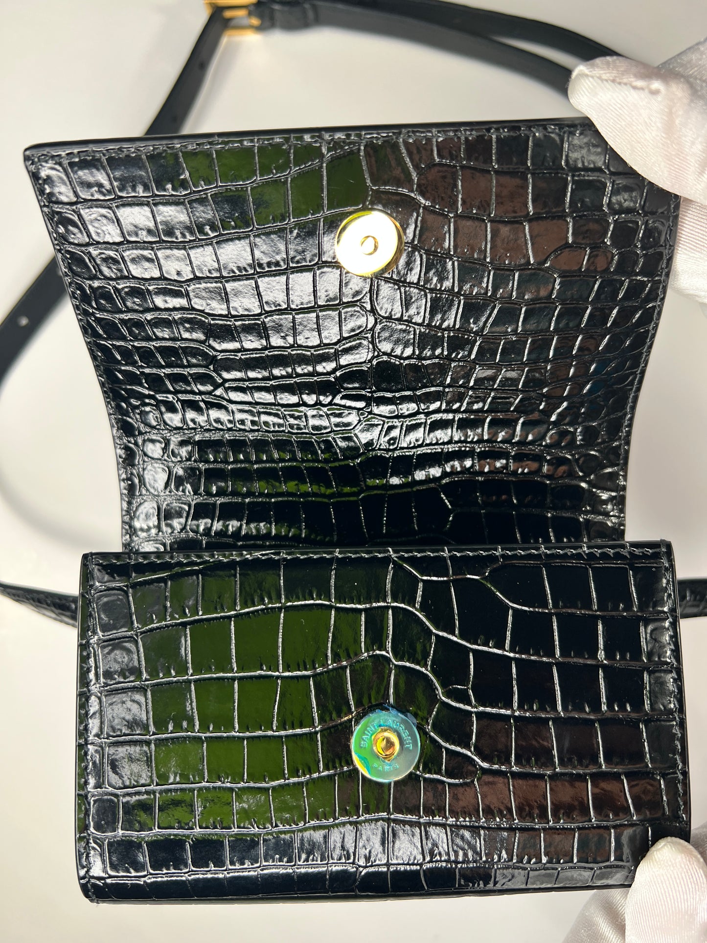 Saint Laurent Kate Croc Embossed Leather Belt Bag in Black